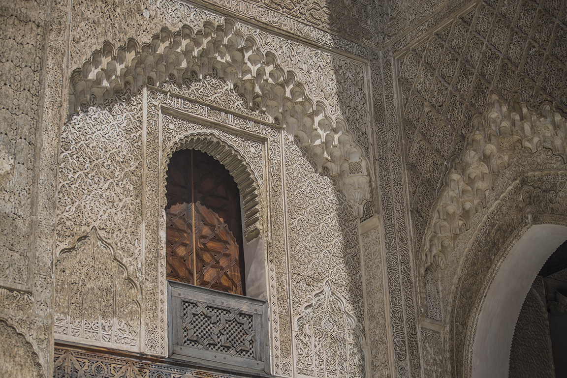 Upper level courtyard window in the Medersa Bou Inania