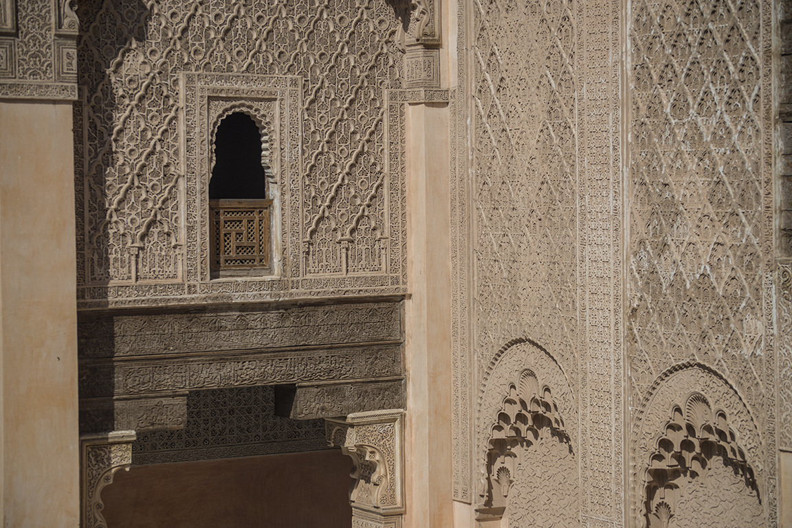 View of upper level window in the courtyard of the Ali ben Youssef Medersa