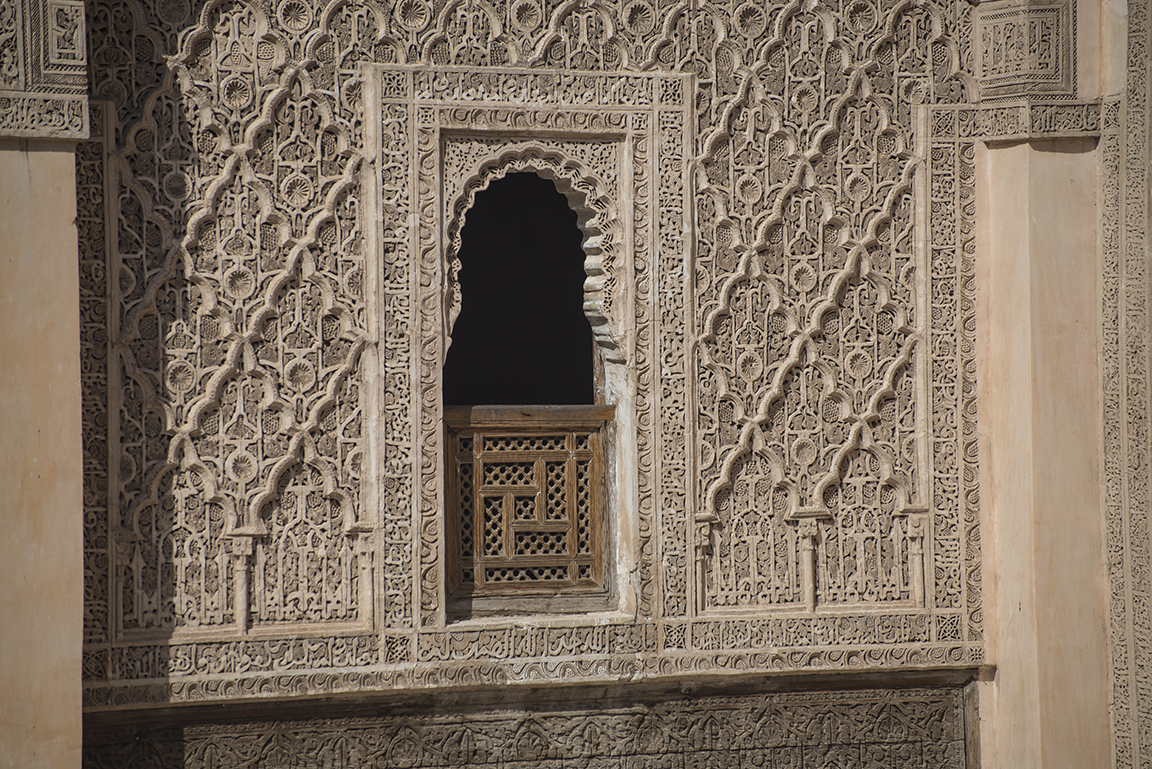 View of upper level window in the courtyard of the Ali ben Youssef Medersa