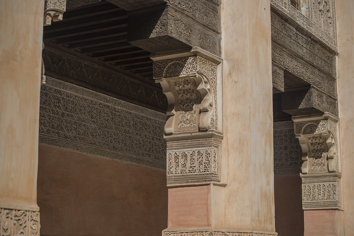 Courtyard details at the Ali ben Youssef Medersa