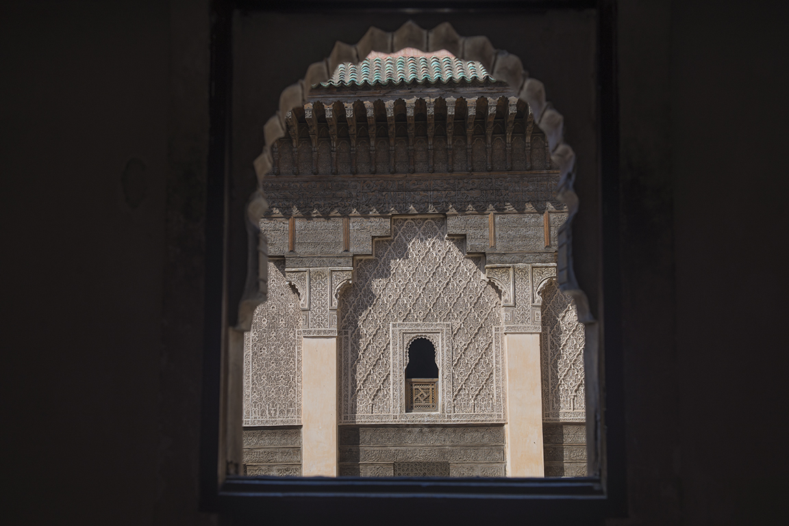 Dormitory room window view of the couryard at the Ali ben Youssef Medersa