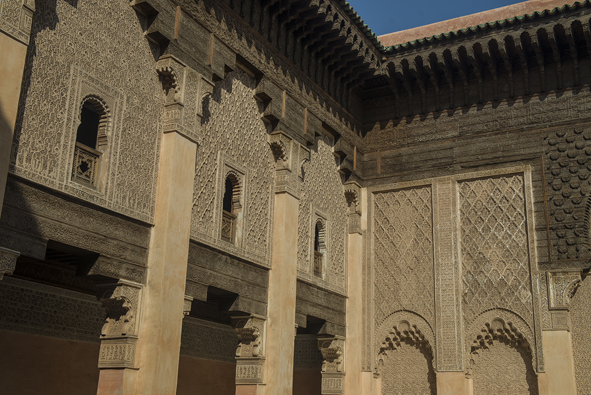 Upper level courtyard view of the Ali ben Youssef Medersa