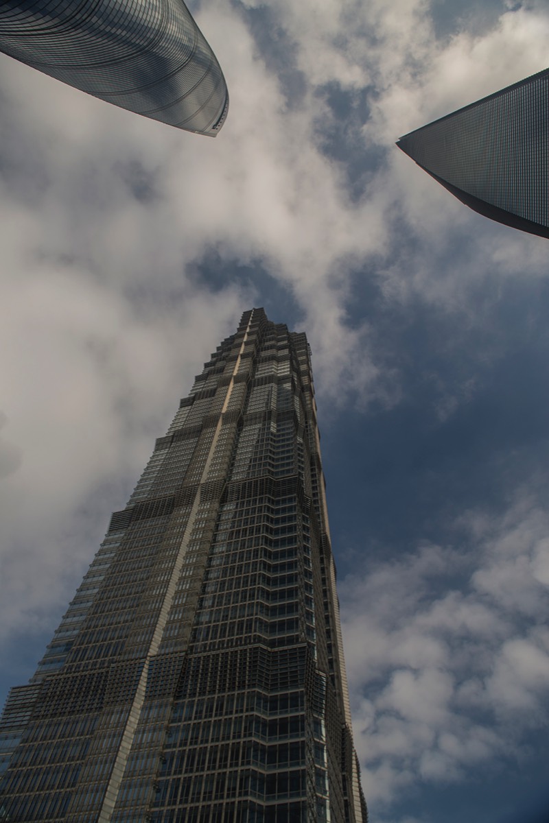 Jinmao Tower (foreground), World Financial Center (upper right) and Shanghai Tower (upper left)