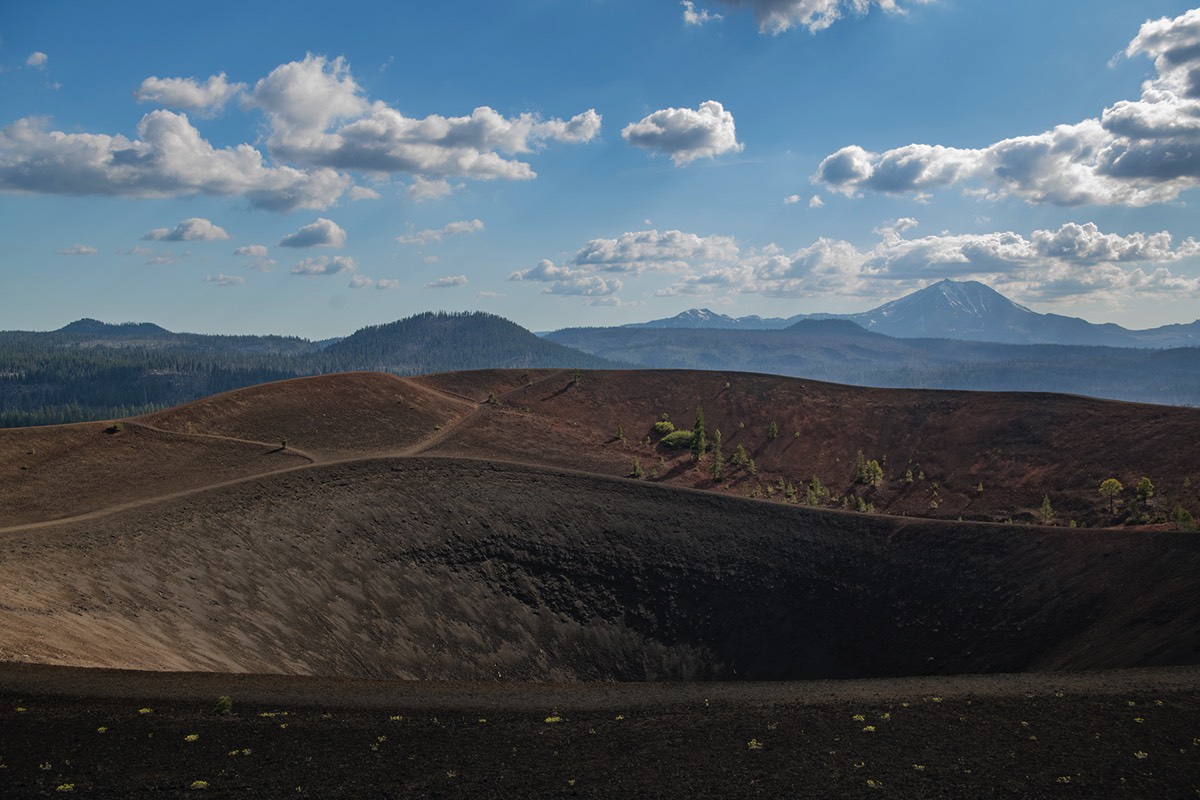 Cinder Cone summit interior view and Lassen Peak in distance